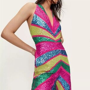 Nasty Gal Sequin / Plunge / Wide Leg Jumpsuit